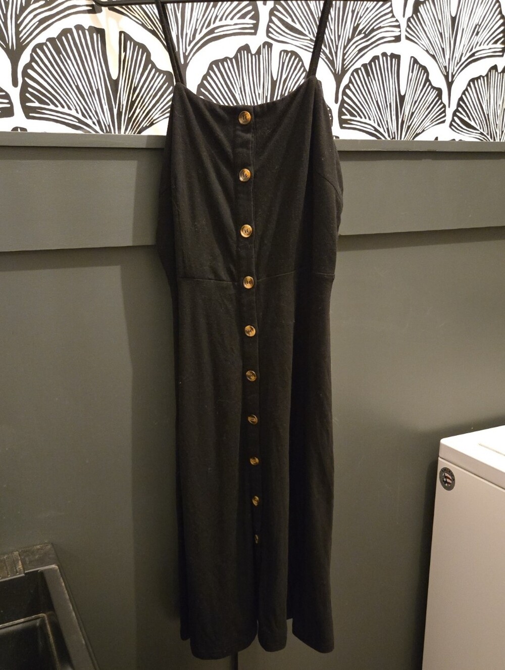 Button-Front Black Midi Dress with Spaghetti Straps